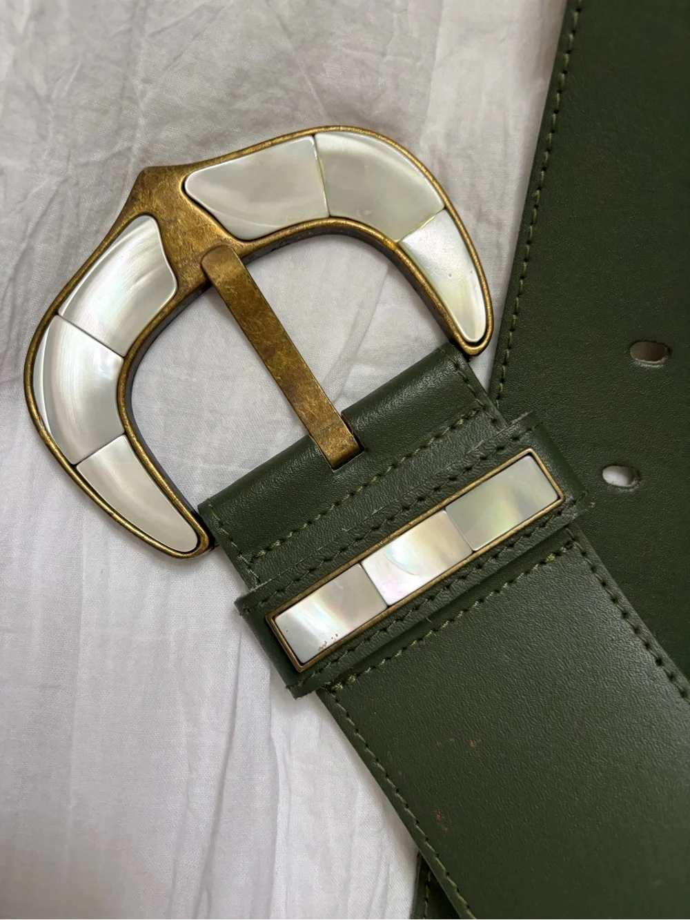 Express Dark Green Wide Belt with Mother-of-Pearl Inlay Buckle